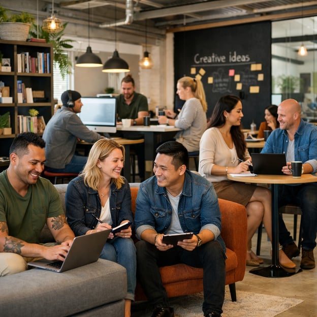 photographic Fun open plan office with different people working in different spaces They are creative but professional The are a mix of Maori English
