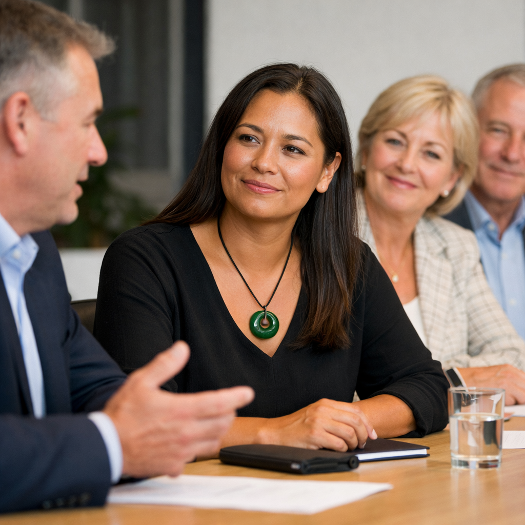 photographic Mori woman aged 35 no tattoos a koru shaped greenstone necklace  Shes sitting at a meeting table with three professional people two males-1