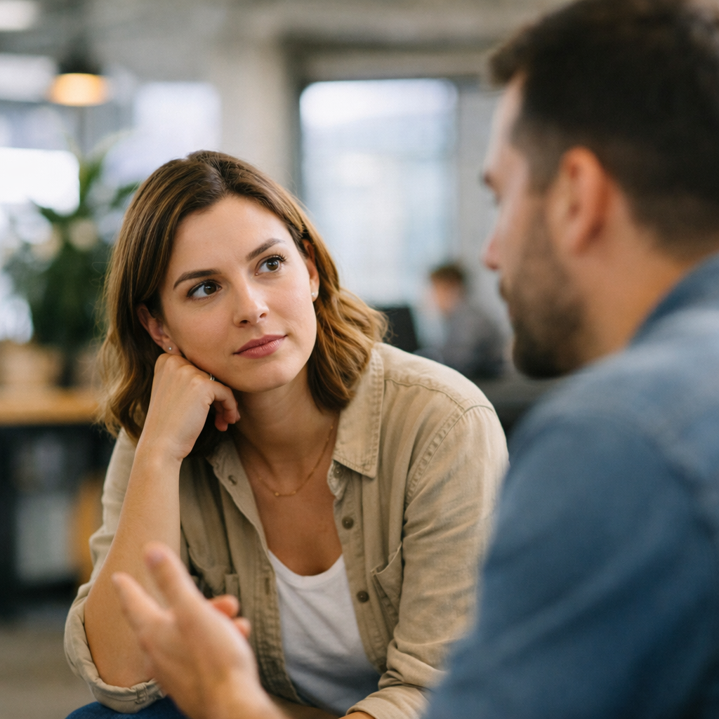 person intently listening to another person in a relaxed open office environment person intently listening to another person in a relaxed open office environment