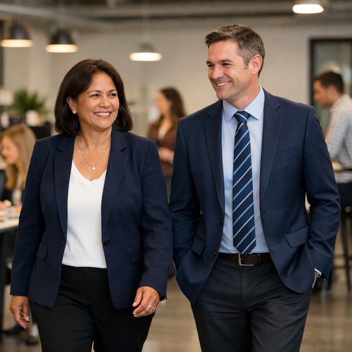 photographic Two senior leaders walking across a busy workspace One is a Maori woman 50 who has no tattoos and one is a New Zealand male 40 Both dress photographic Two senior leaders walking across a busy workspace One is a Maori woman 50 who has no tattoos and one is a New Zealand male 40 Both dress