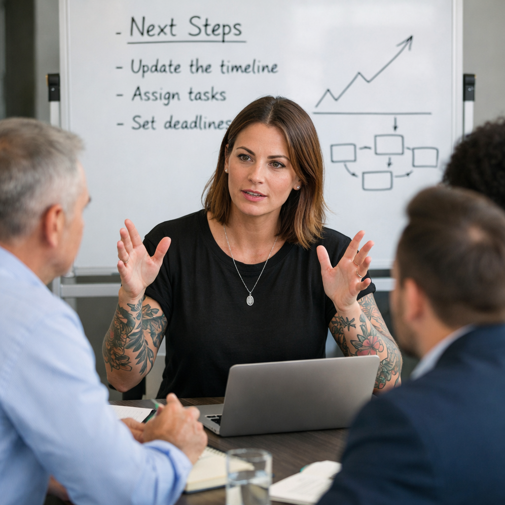 photographic woman with tattoos speaking with professional team talking through actions to take