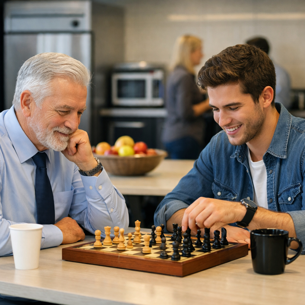 photographic One older professional man and one younger man mid 20s sitting in the office lunchroom playing chess