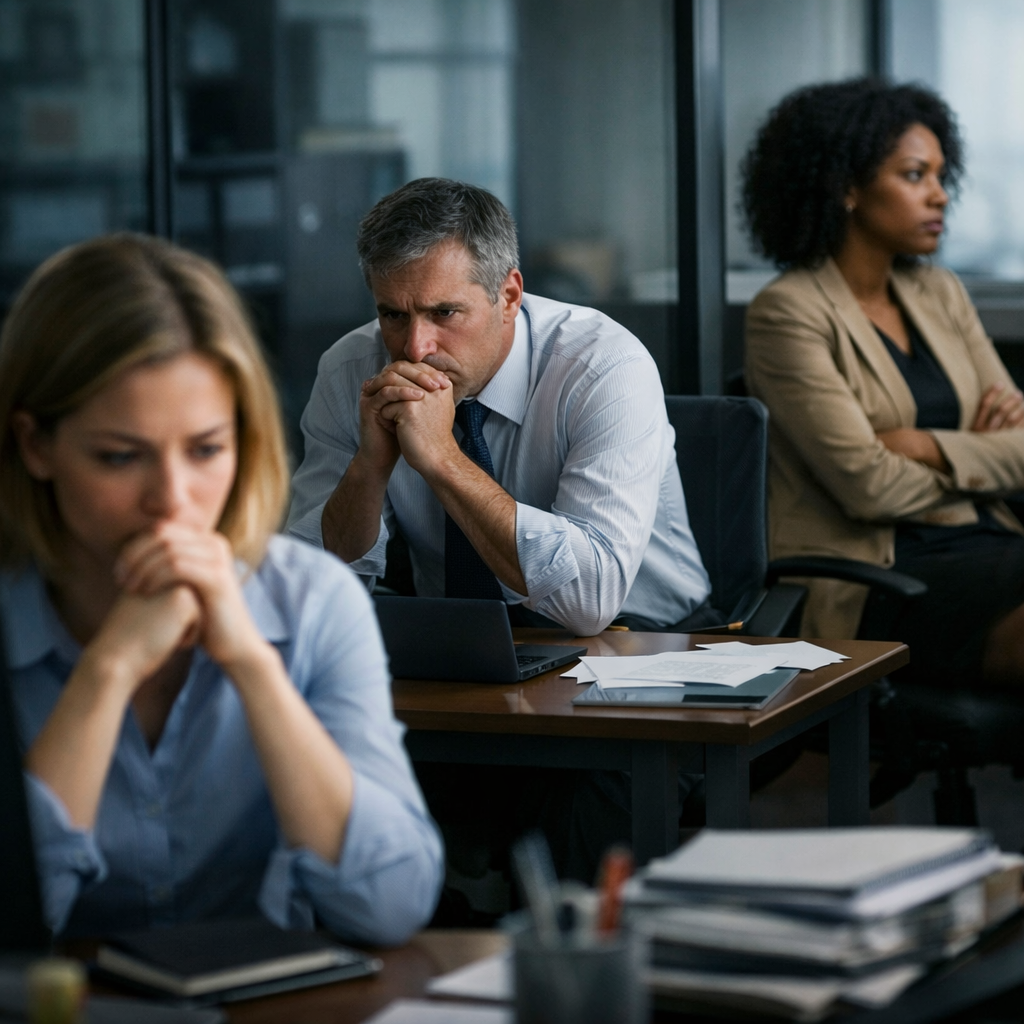 photographic Tense office situation with people sitting in isolation