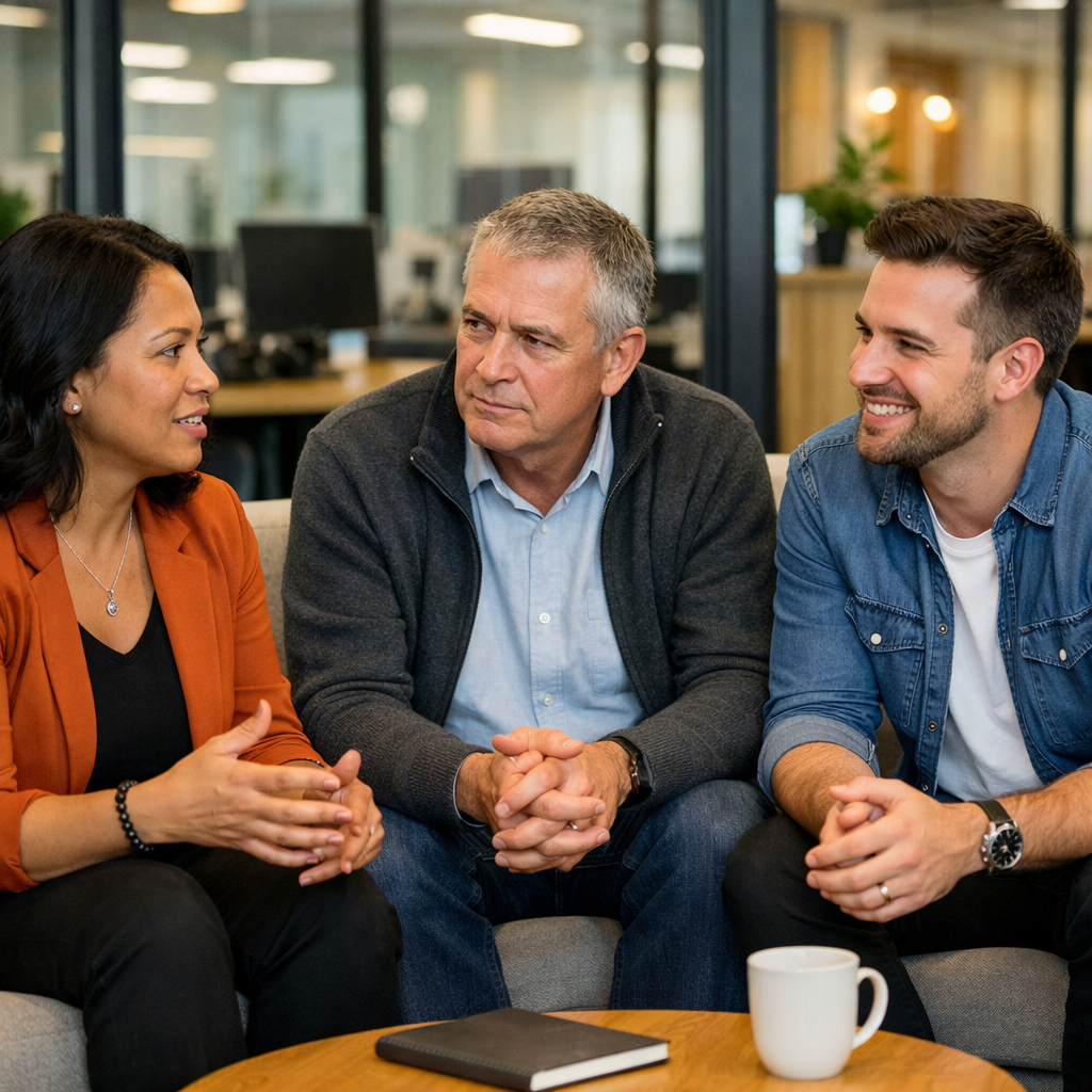 photographic Three people sitting in a couched area with an office in the background  One person a Maori woman with no tattoos is talking to the other
