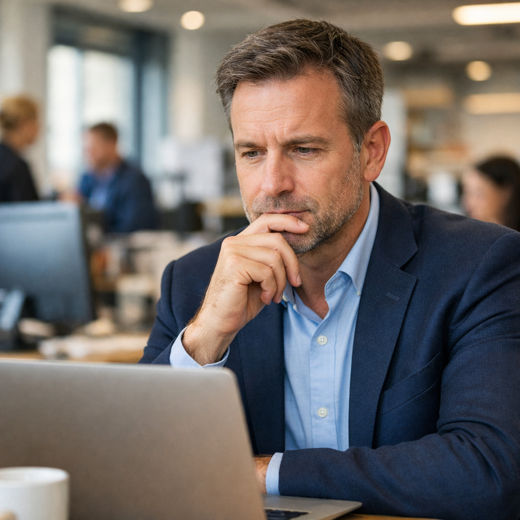 photographic man sitting at laptop thinking with his hand on his chin Hes 40 in smart attire Hes sitting in an office with a busy office atmosphere be-1