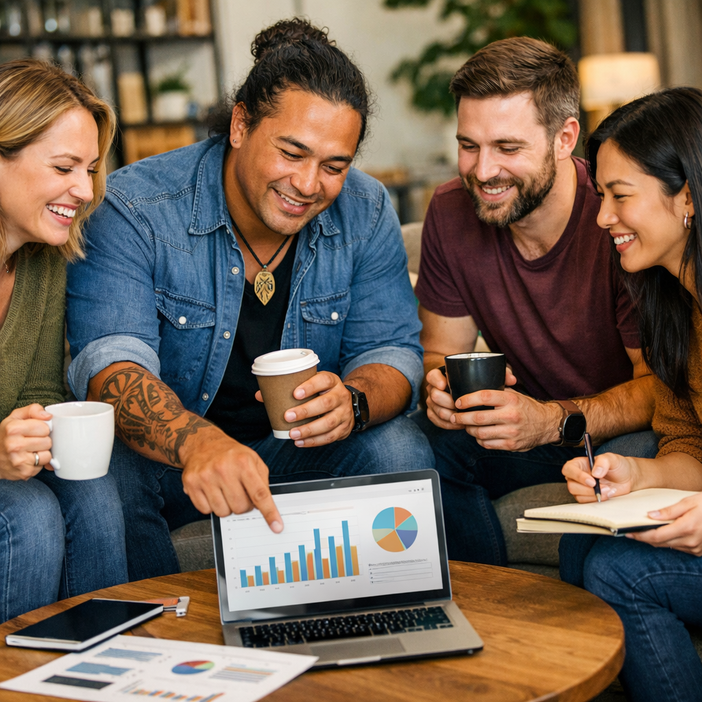 photographic team discussing data together engaged in a relaxed setting with couches and coffees One person is Maori