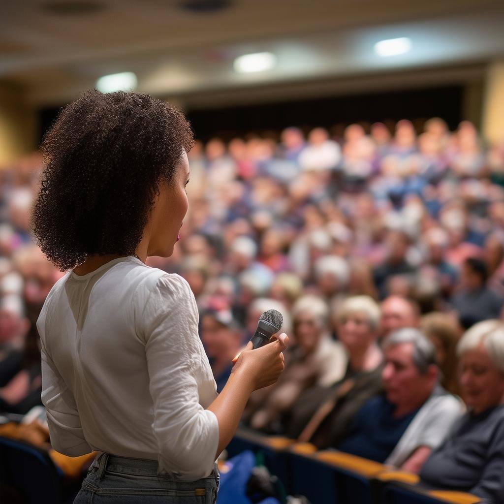 woman speaking to a big audience woman speaking to a big audience